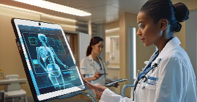 A nurse engaging with a virtual AI interface on a tablet in a hospital setting, showcasing the integration of technology in healthcare.