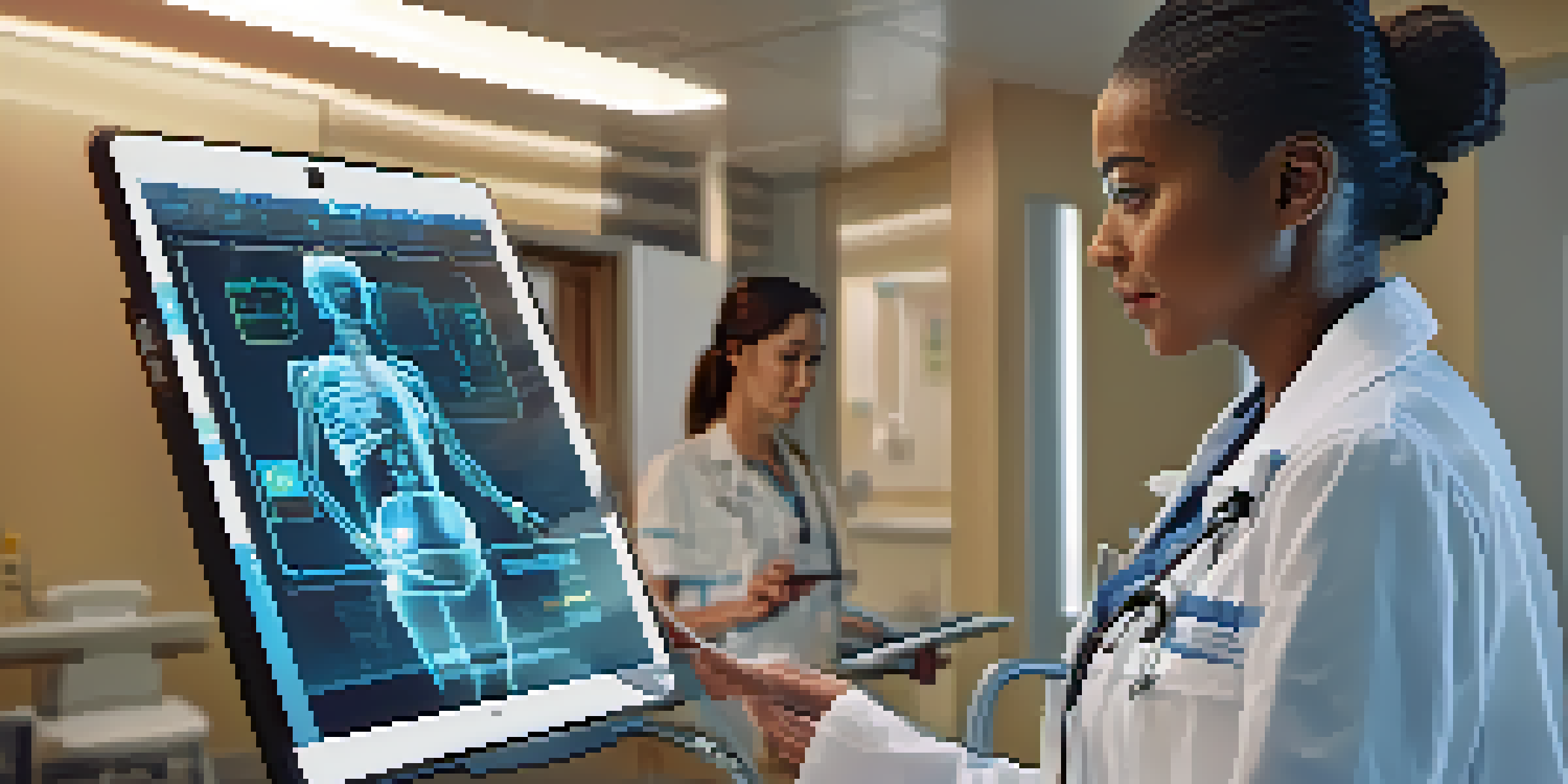 A nurse engaging with a virtual AI interface on a tablet in a hospital setting, showcasing the integration of technology in healthcare.