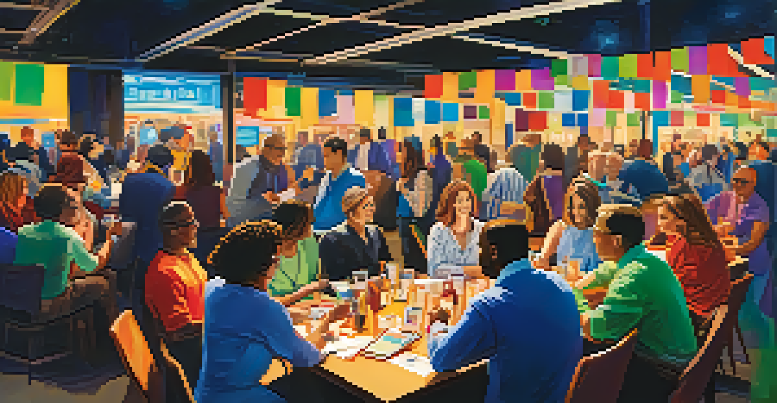 A lively networking event with freelancers talking, exchanging business cards, and collaborating, surrounded by colorful banners.