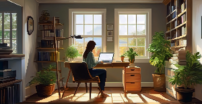 A person working in a bright and cozy home office with sunlight coming through a window, surrounded by plants and books.