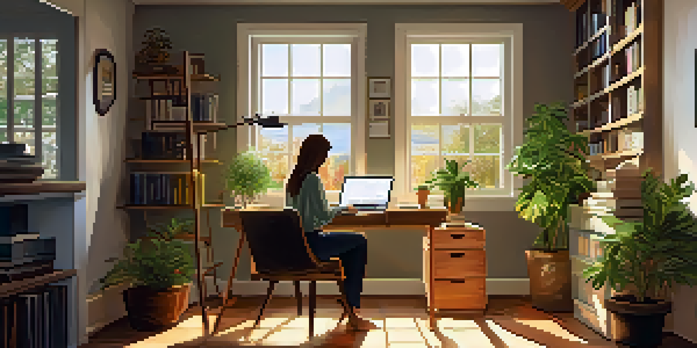A person working in a bright and cozy home office with sunlight coming through a window, surrounded by plants and books.