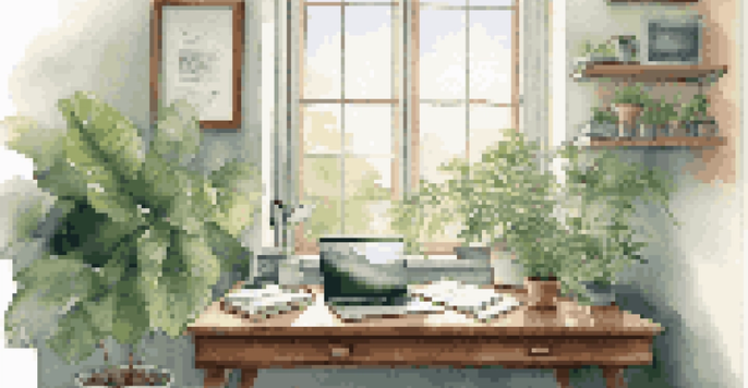 A peaceful office workspace with a wooden desk, laptop, notepad, coffee cup, and green plants, illuminated by soft morning light.