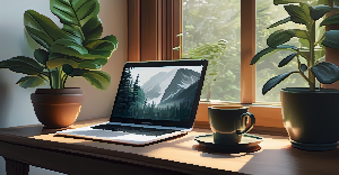 A peaceful office setup with a laptop, coffee cup, and houseplants, illuminated by soft sunlight.