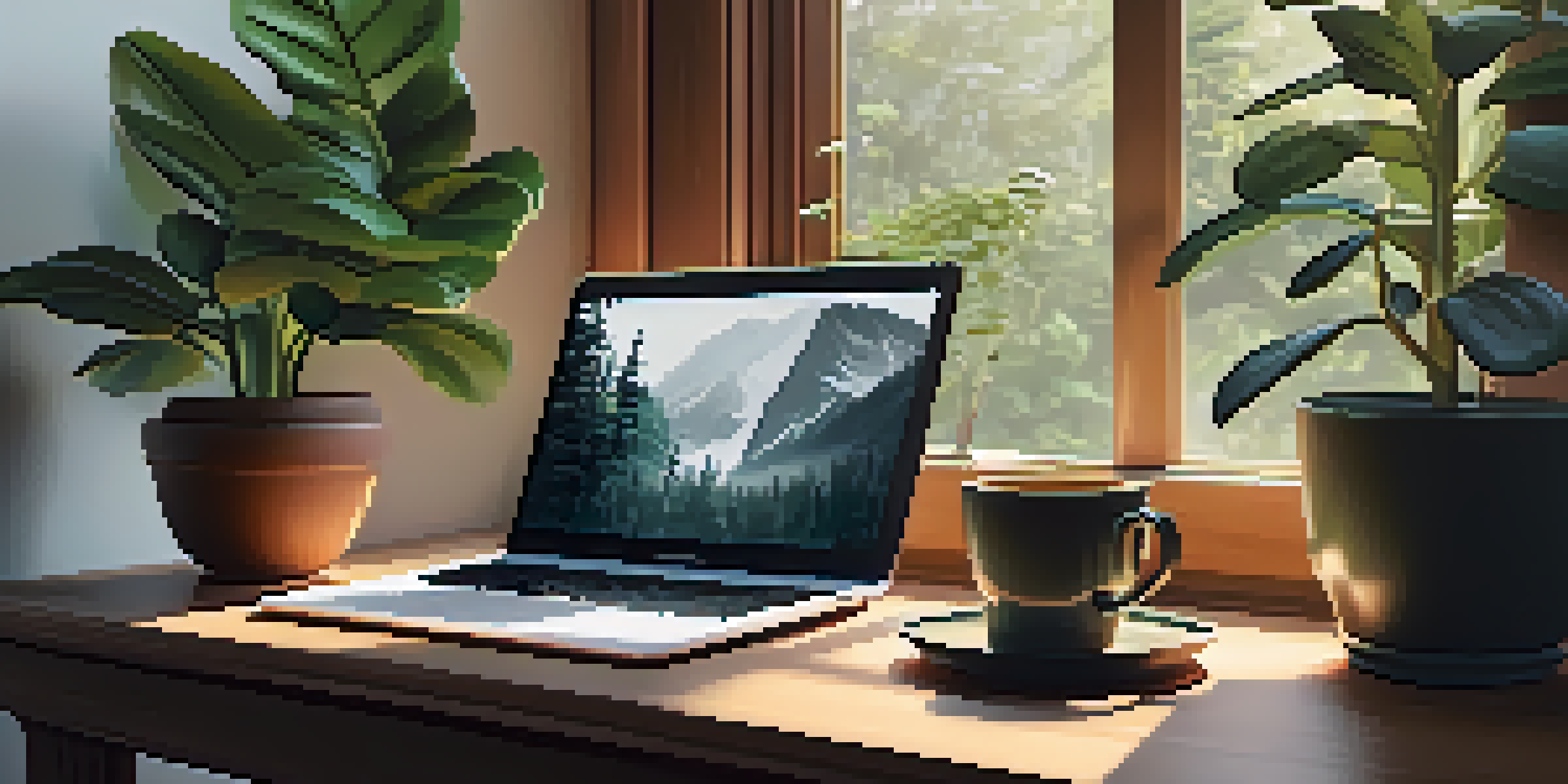A peaceful office setup with a laptop, coffee cup, and houseplants, illuminated by soft sunlight.