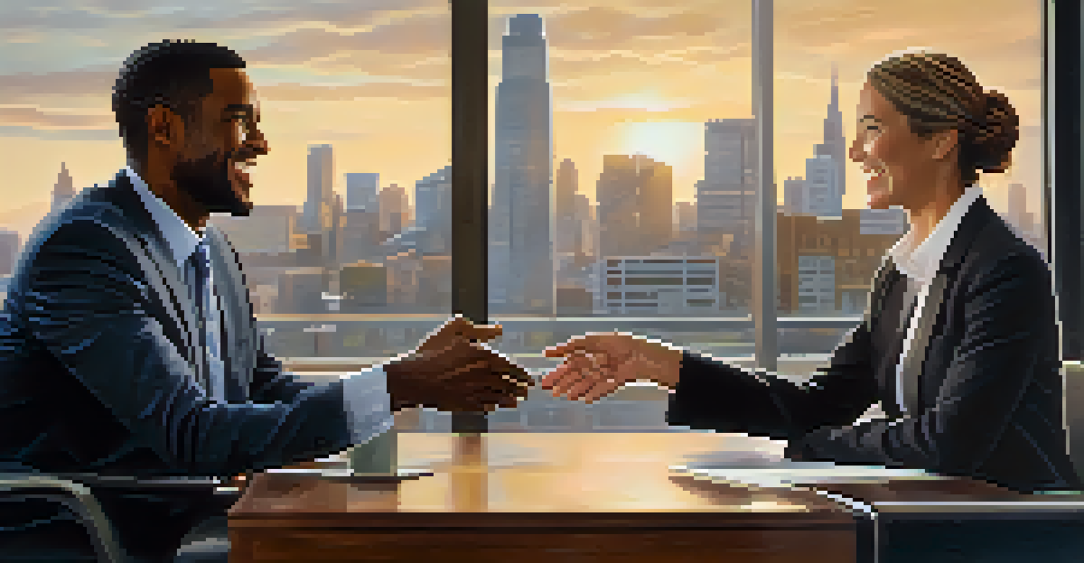 A candidate offering a firm handshake to the interviewer in a modern office setting, both smiling.