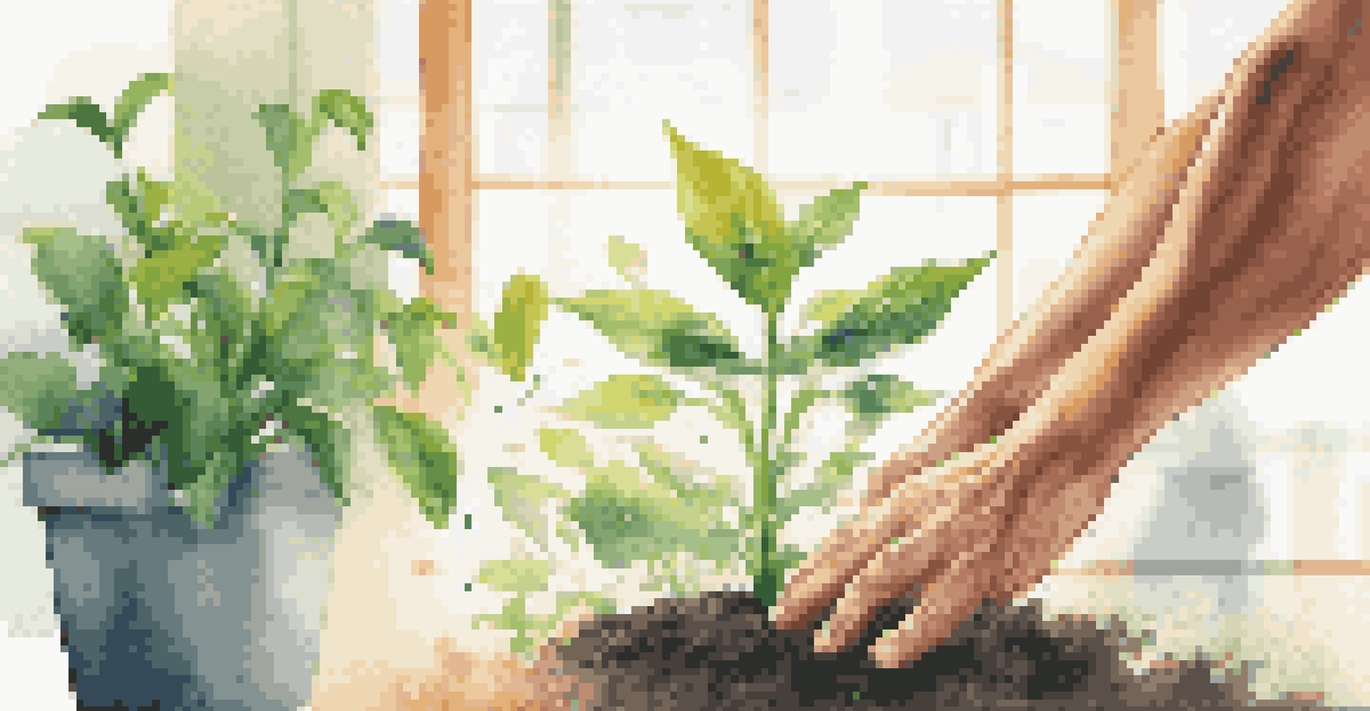 Close-up of hands watering a green plant, with a blurred background of happy colleagues in a workplace, symbolizing growth and satisfaction.