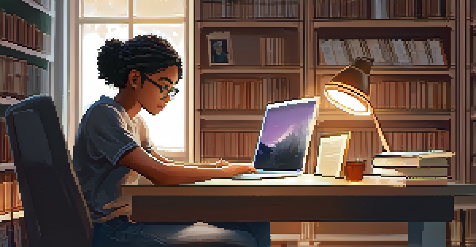 A person studying at a desk with a laptop showing an online course, surrounded by books and motivational posters in a warm-lit room.