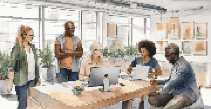 A diverse group of employees from various generations collaborating in a modern office.