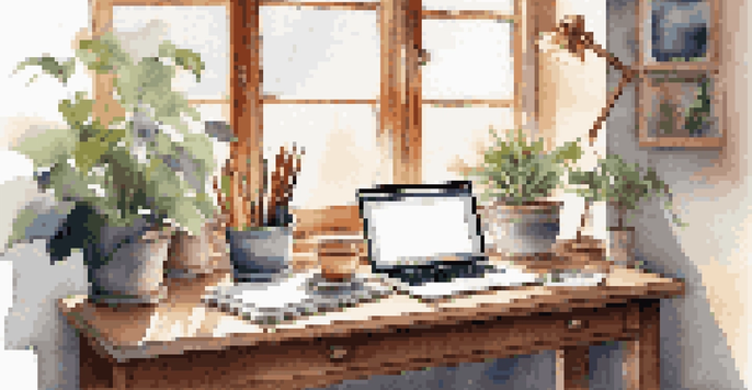 A cozy workspace with a wooden desk, laptop, sketchbook, art supplies, and a potted plant, lit by natural light from a large window.