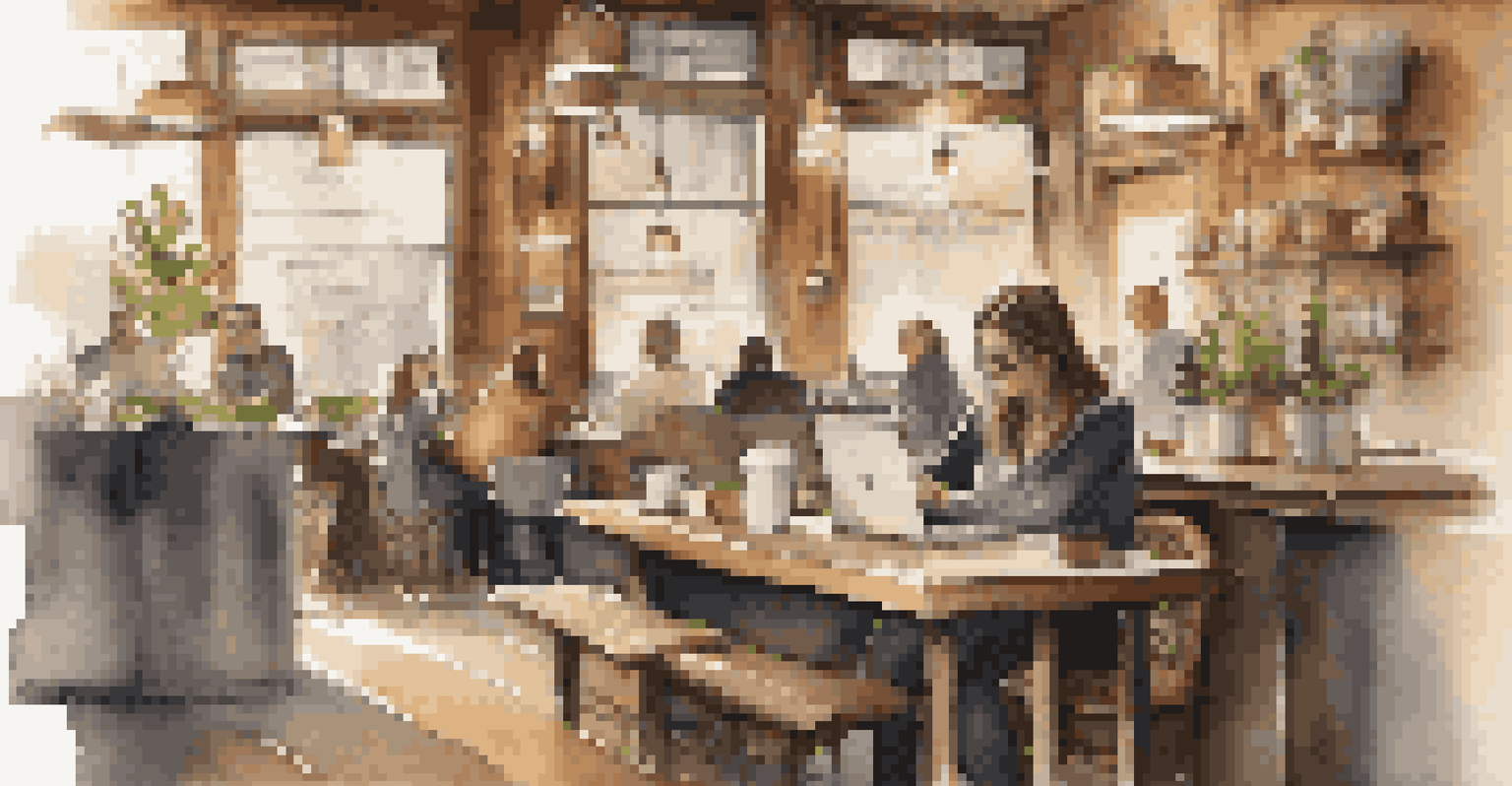 A person working on a laptop in a cozy coffee shop, with notes and a coffee cup, surrounded by a warm atmosphere.