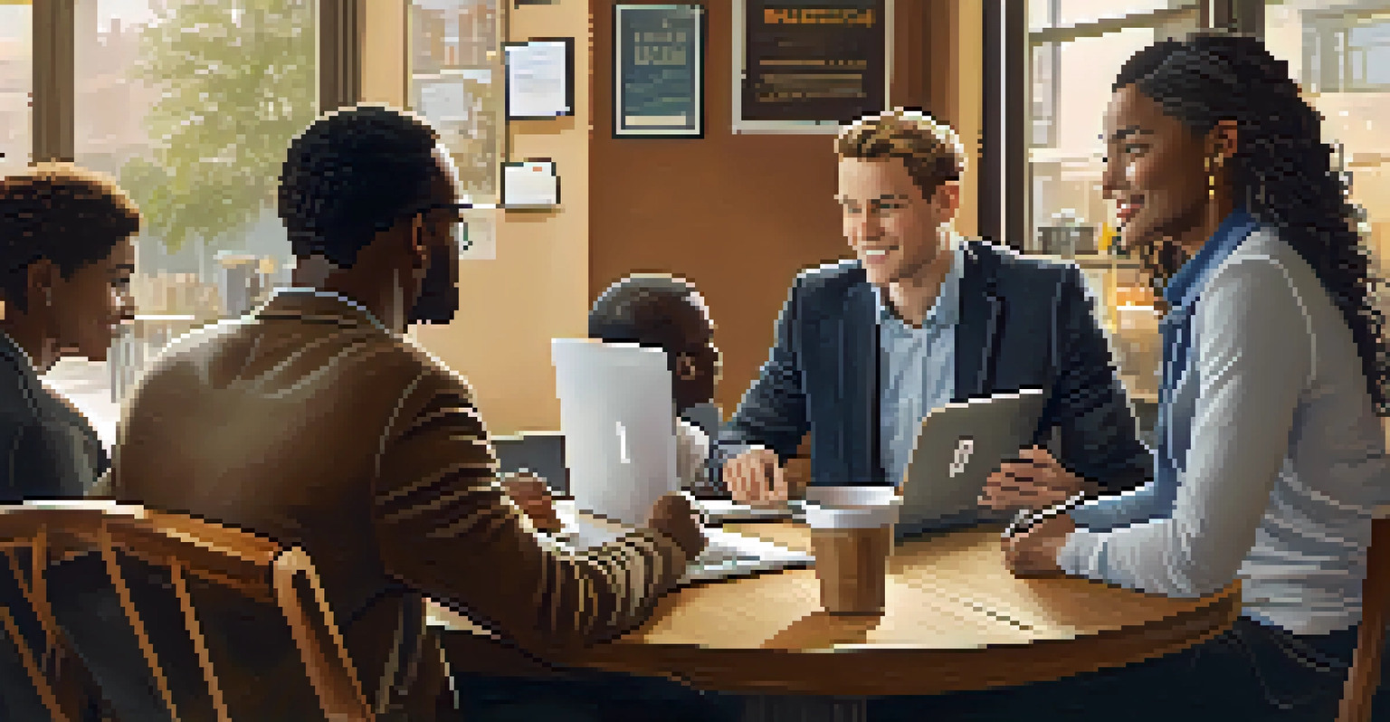 A diverse group of candidates practicing for interviews in a casual coffee shop setting, engaged in conversation and preparation.