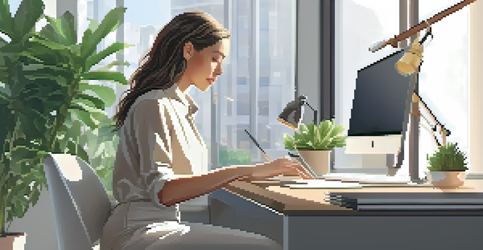 A focused professional woman at a desk with a laptop, surrounded by motivational decor and a plant, illuminated by natural light.