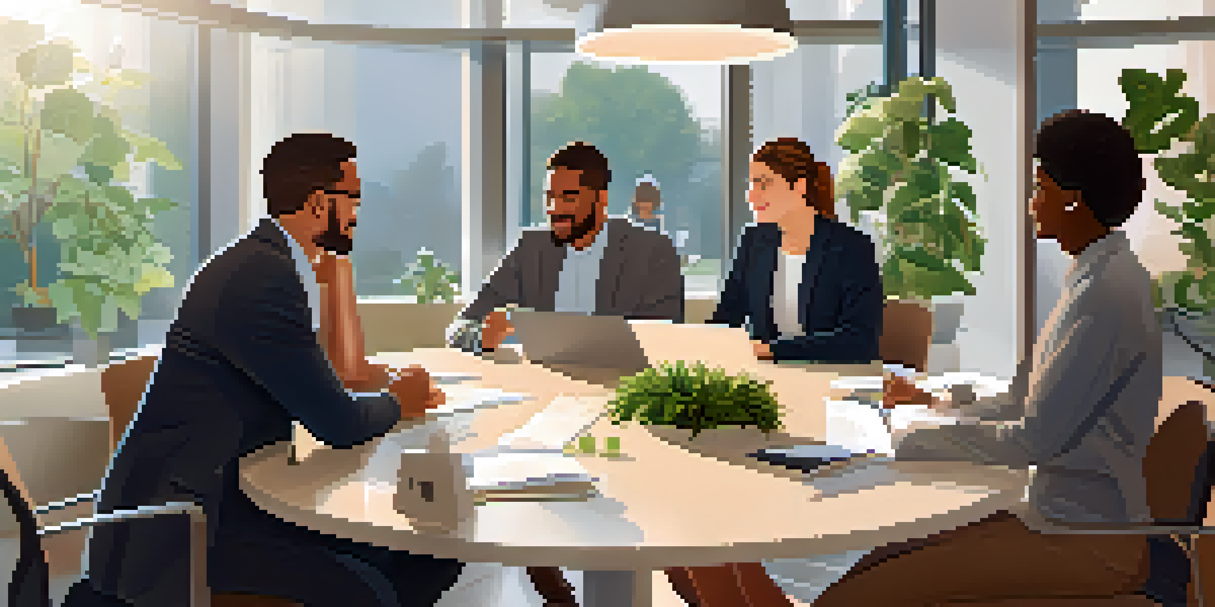 A diverse team in a bright office, collaborating around a round table with plants and natural light.