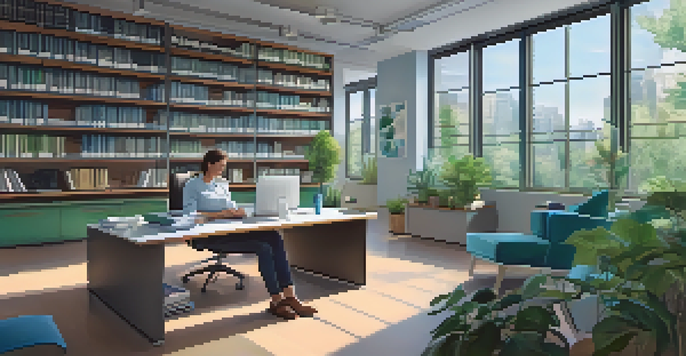 A person in a bright office space looking out of a window, surrounded by books and plants, symbolizing career reflection.