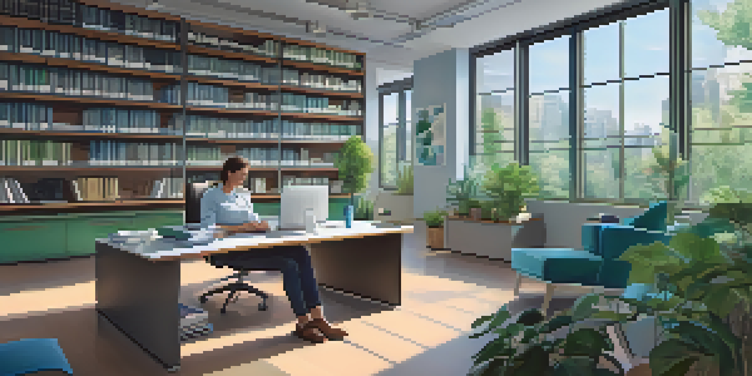 A person in a bright office space looking out of a window, surrounded by books and plants, symbolizing career reflection.
