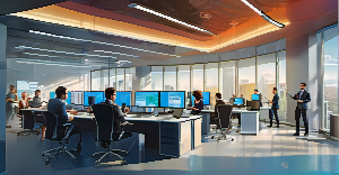 A diverse group of professionals in a modern office engaged in a cybersecurity training session, with high-tech displays and natural light.