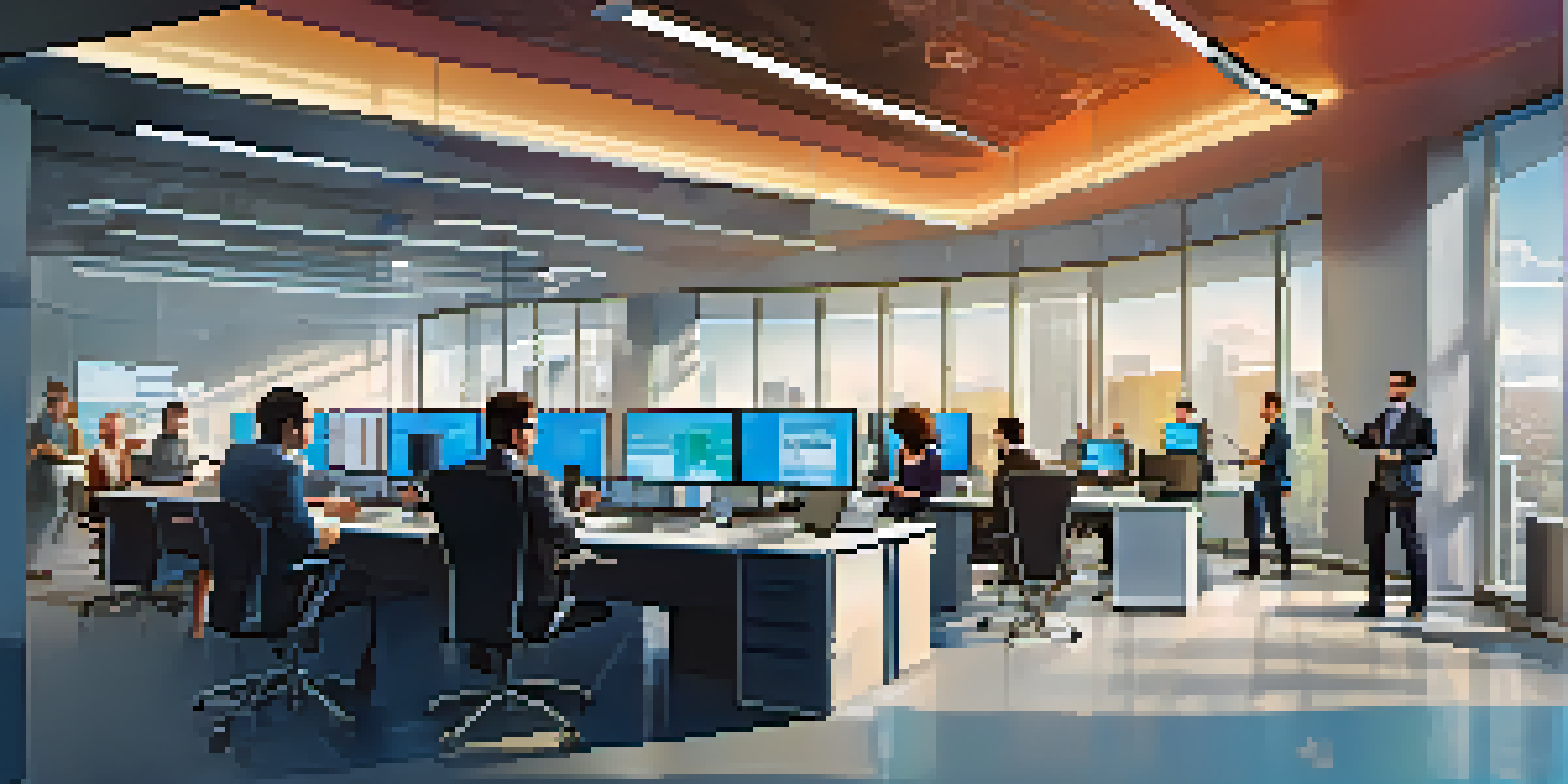 A diverse group of professionals in a modern office engaged in a cybersecurity training session, with high-tech displays and natural light.