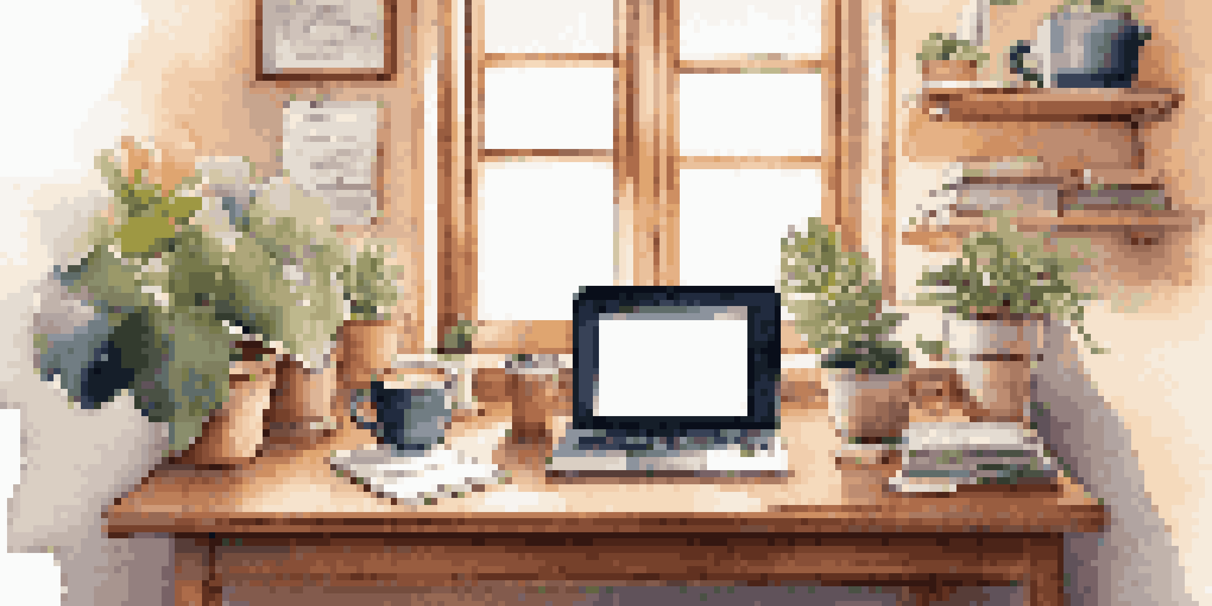 A warm and inviting home office with a wooden desk, laptop, coffee cup, and plants, designed for remote work.