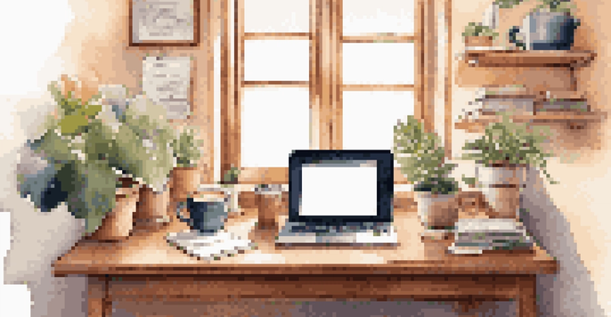 A warm and inviting home office with a wooden desk, laptop, coffee cup, and plants, designed for remote work.