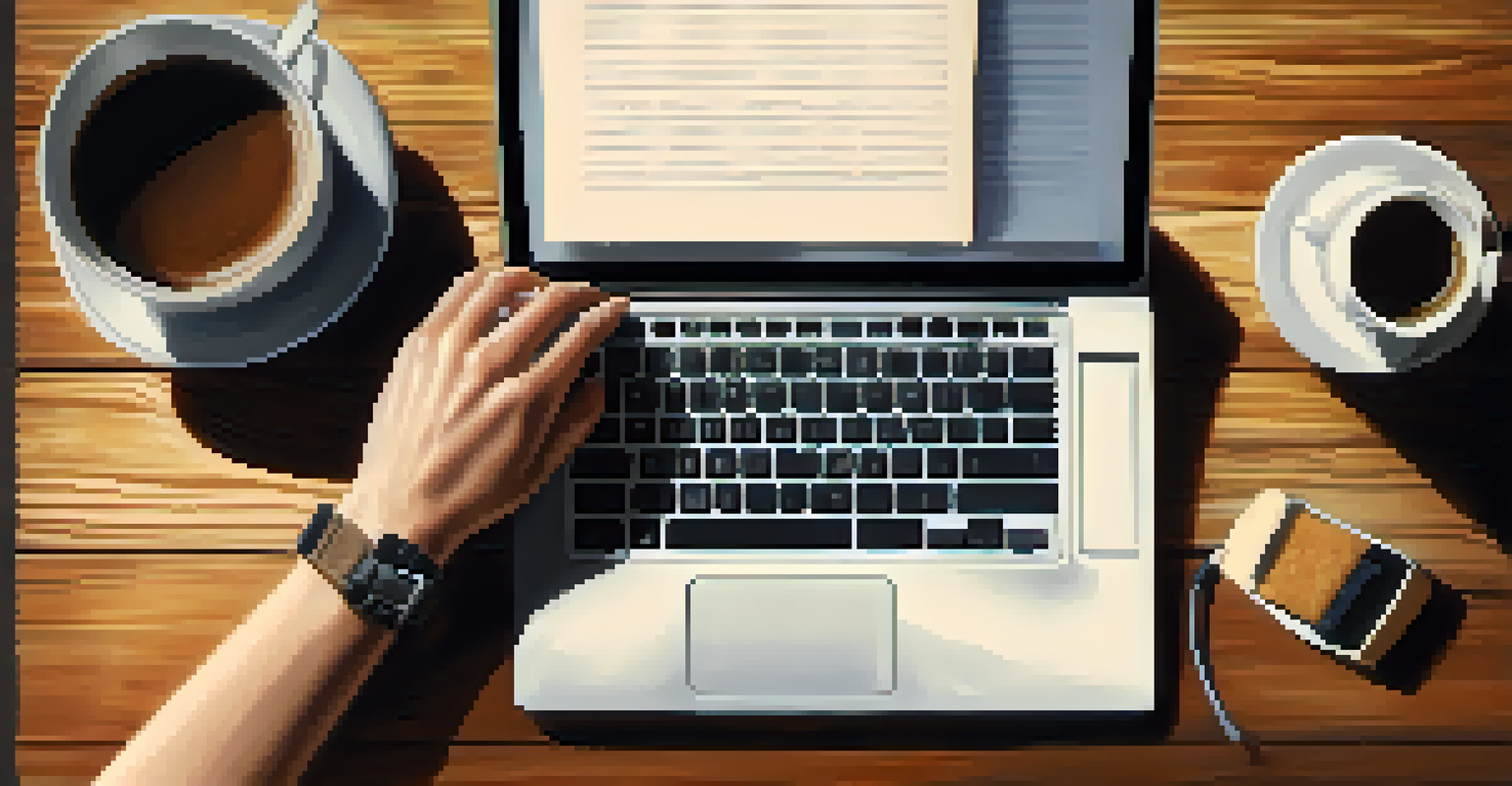 Close-up of hands typing on a laptop with a notepad and cup of coffee on a wooden table.