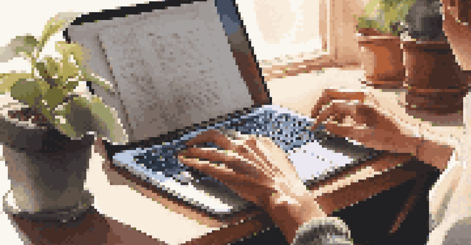 Close-up of hands typing on a laptop on a cozy desk with a notebook, coffee cup, and plant, illuminated by sunlight.