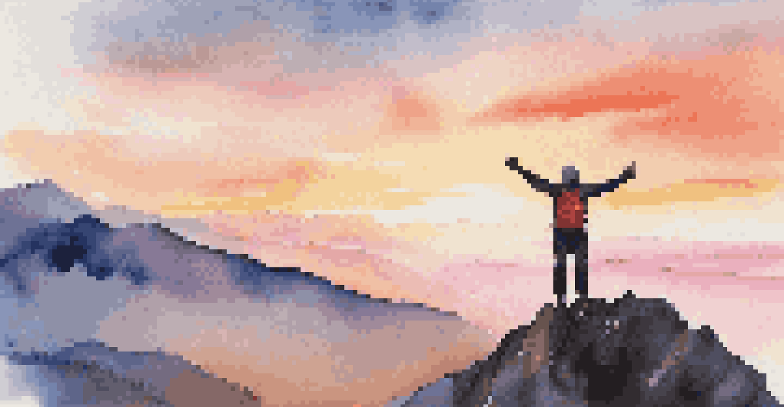 A person celebrating on a mountain peak at sunrise, symbolizing growth and resilience.