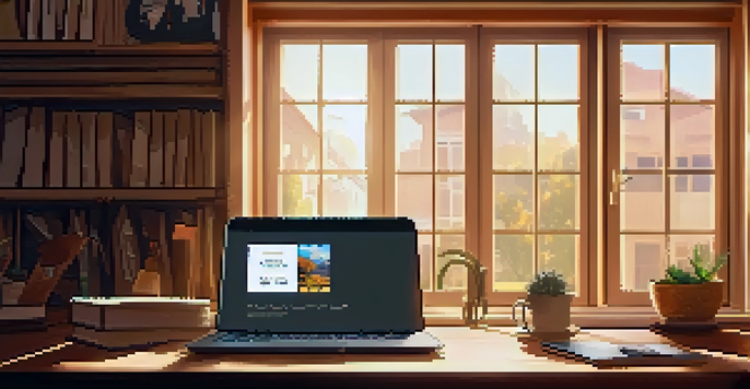 A cozy home office featuring a wooden desk with a laptop displaying a digital literacy course and a cup of coffee, illuminated by warm sunlight coming through a window.