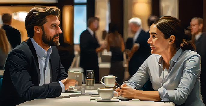 Two professionals engaged in conversation at a networking event with warm lighting and blurred background.