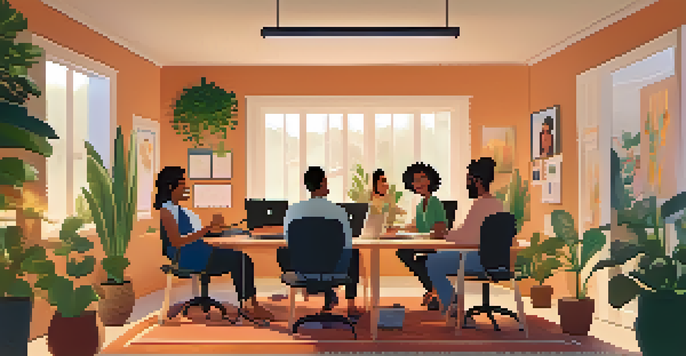 A group of diverse remote team members in a virtual meeting, smiling and engaged in a cozy home office with plants and warm lighting.