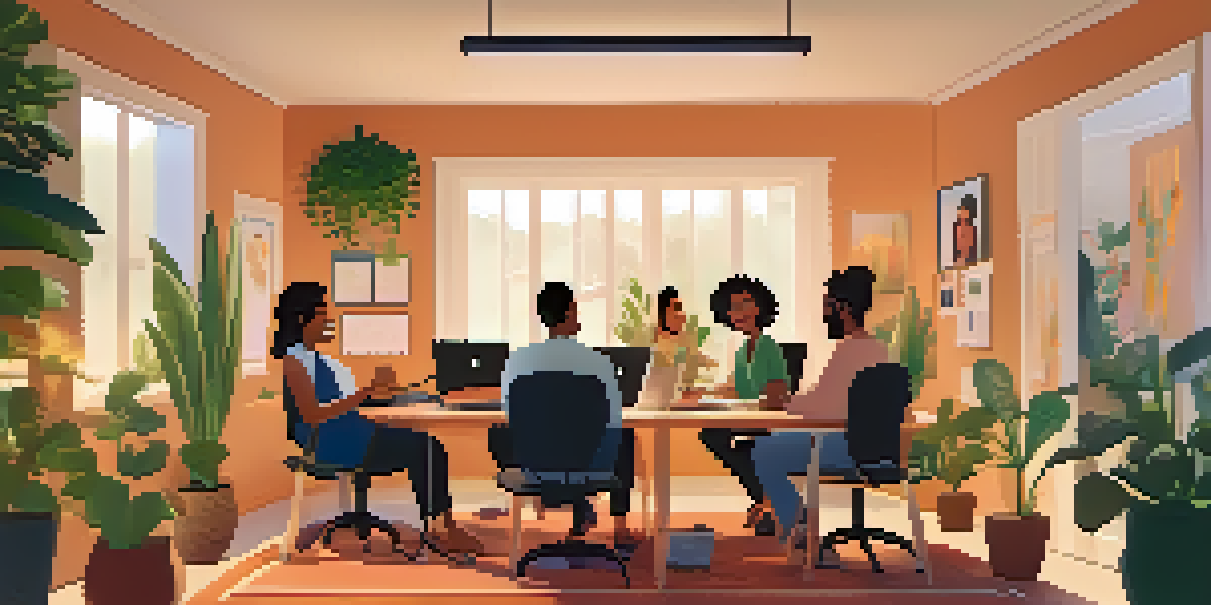 A group of diverse remote team members in a virtual meeting, smiling and engaged in a cozy home office with plants and warm lighting.