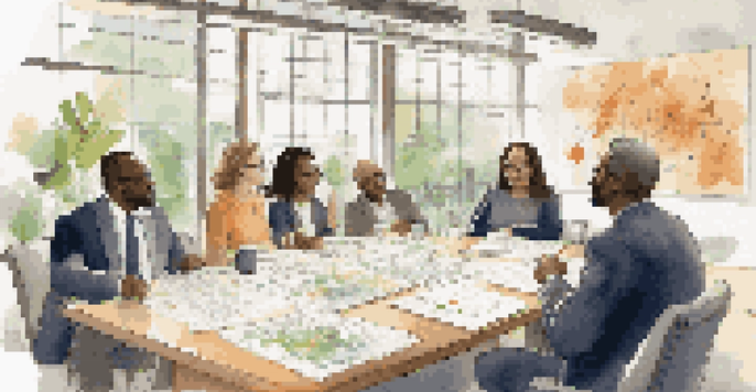 A diverse group of nonprofit leaders brainstorming around a table with charts and documents, in a brightly lit room with plants.