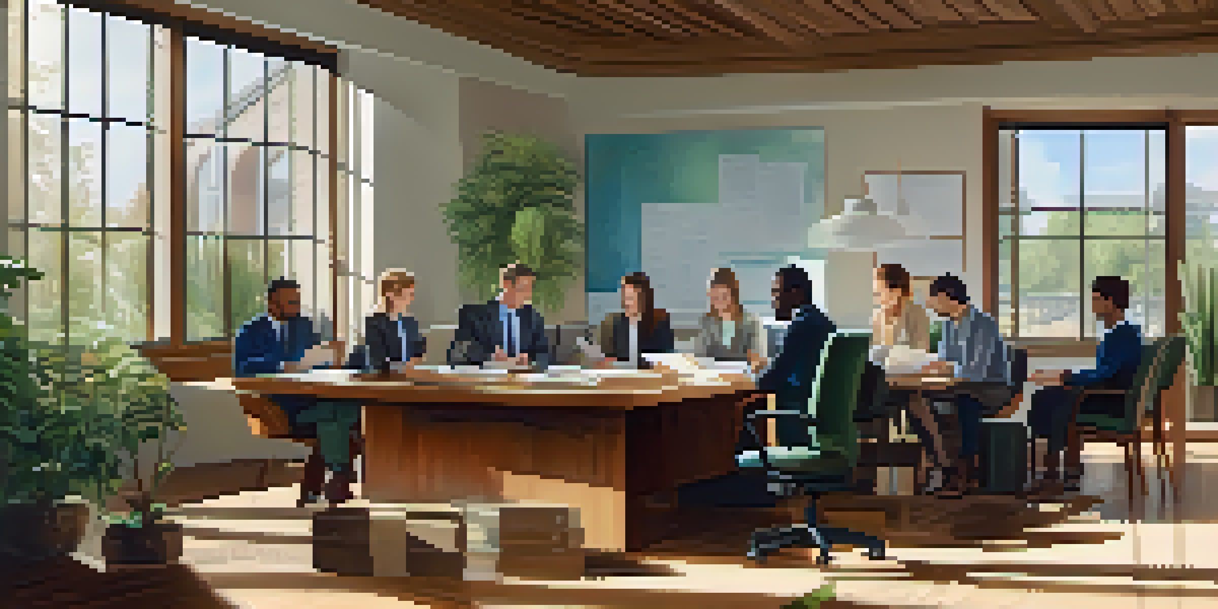 A diverse group of professionals in a bright office discussing an employment contract at a conference table.