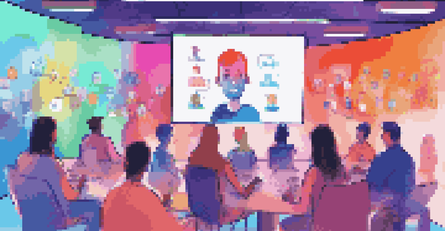 Participants in a virtual networking event, represented by colorful avatars, engaging in discussions in a modern digital environment.