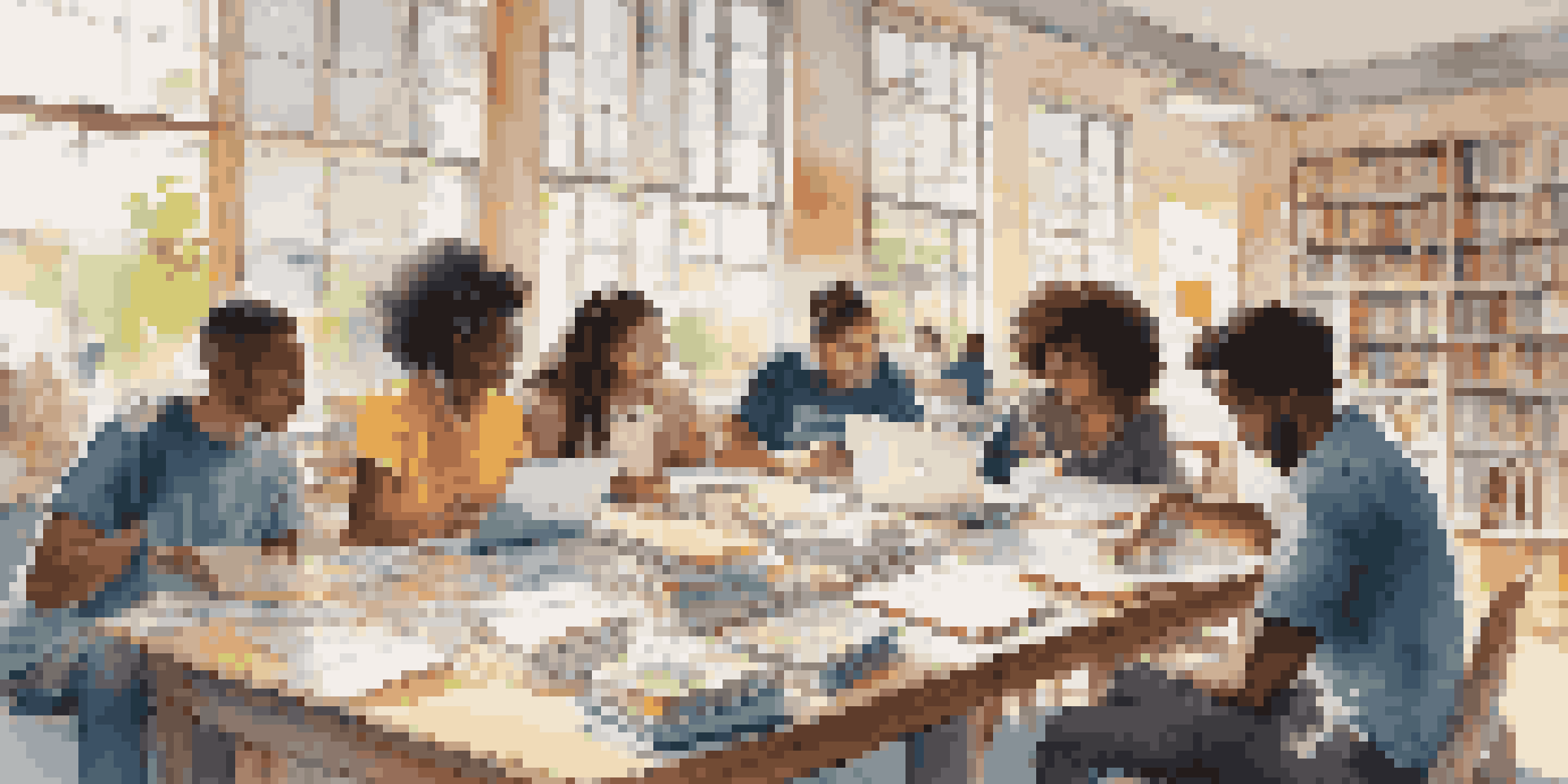 A group of diverse students working together at a table, discussing and sharing ideas with books and laptops around them.