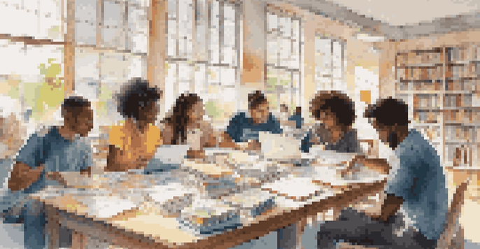 A group of diverse students working together at a table, discussing and sharing ideas with books and laptops around them.