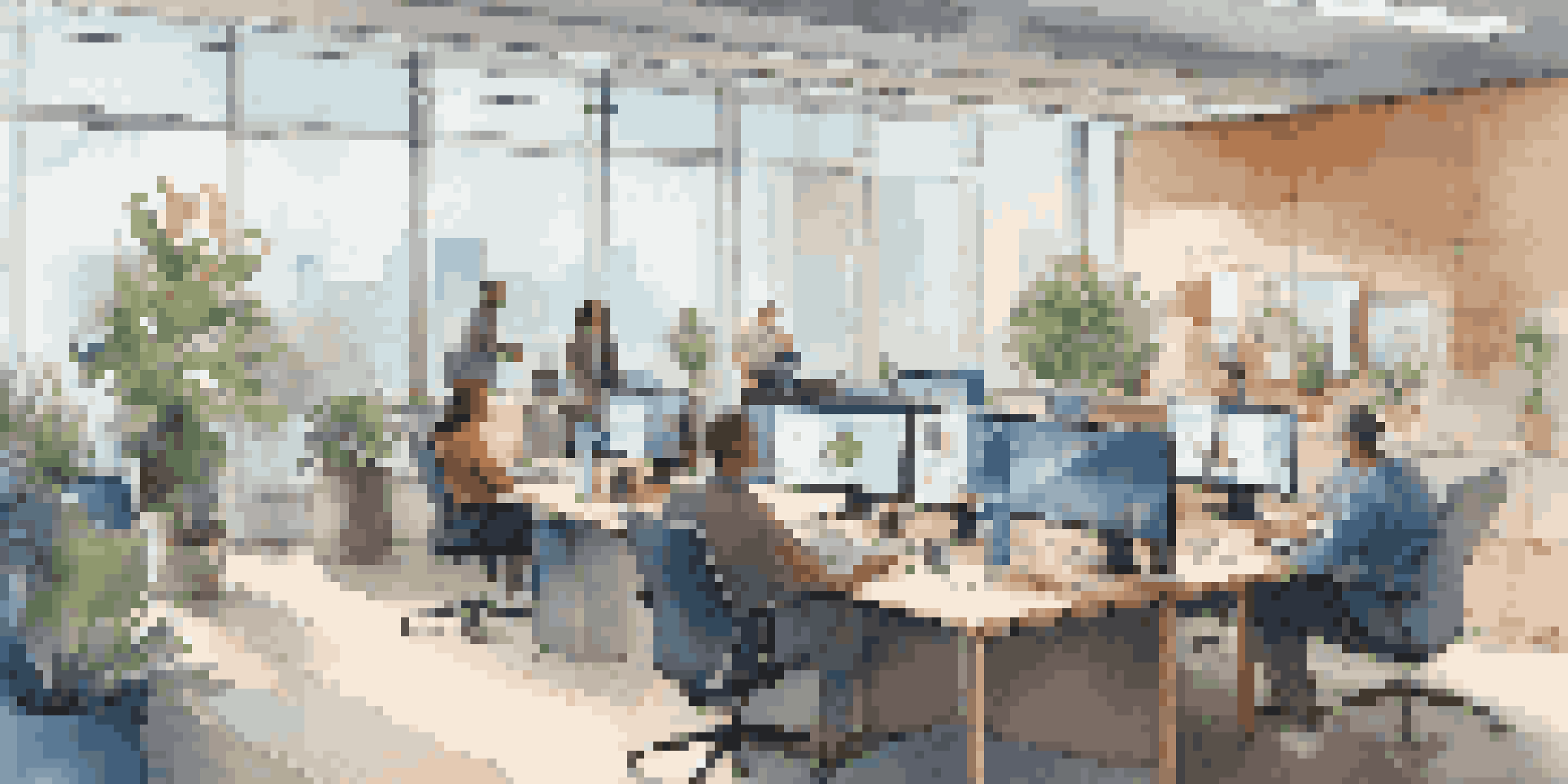 A contemporary office showing a hybrid work model with some employees in-person and others on video calls, featuring bright natural lighting and a modern design.