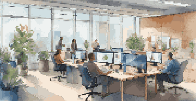 A contemporary office showing a hybrid work model with some employees in-person and others on video calls, featuring bright natural lighting and a modern design.