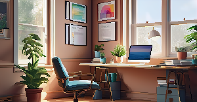 A well-lit office space featuring a wooden desk, chair, and potted plant, with warm light and motivational quotes on the walls.