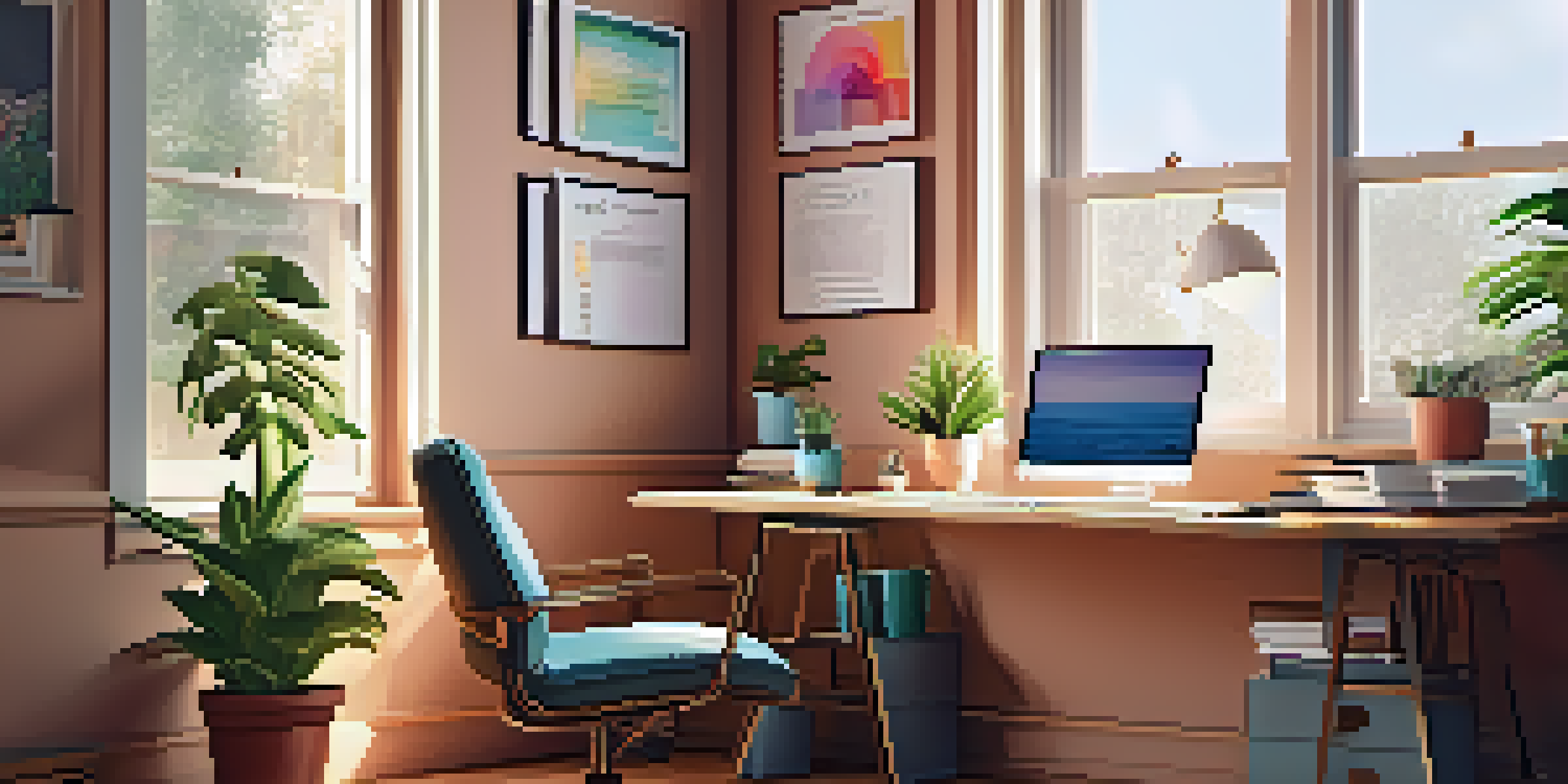 A well-lit office space featuring a wooden desk, chair, and potted plant, with warm light and motivational quotes on the walls.