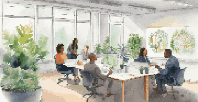 A bright and serene office with diverse professionals engaged in a collaborative discussion, emphasizing emotional intelligence and active listening.