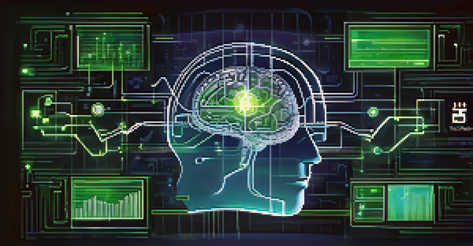 An abstract digital brain connected to financial symbols like dollar signs and graphs, set against a dark blue and green background.