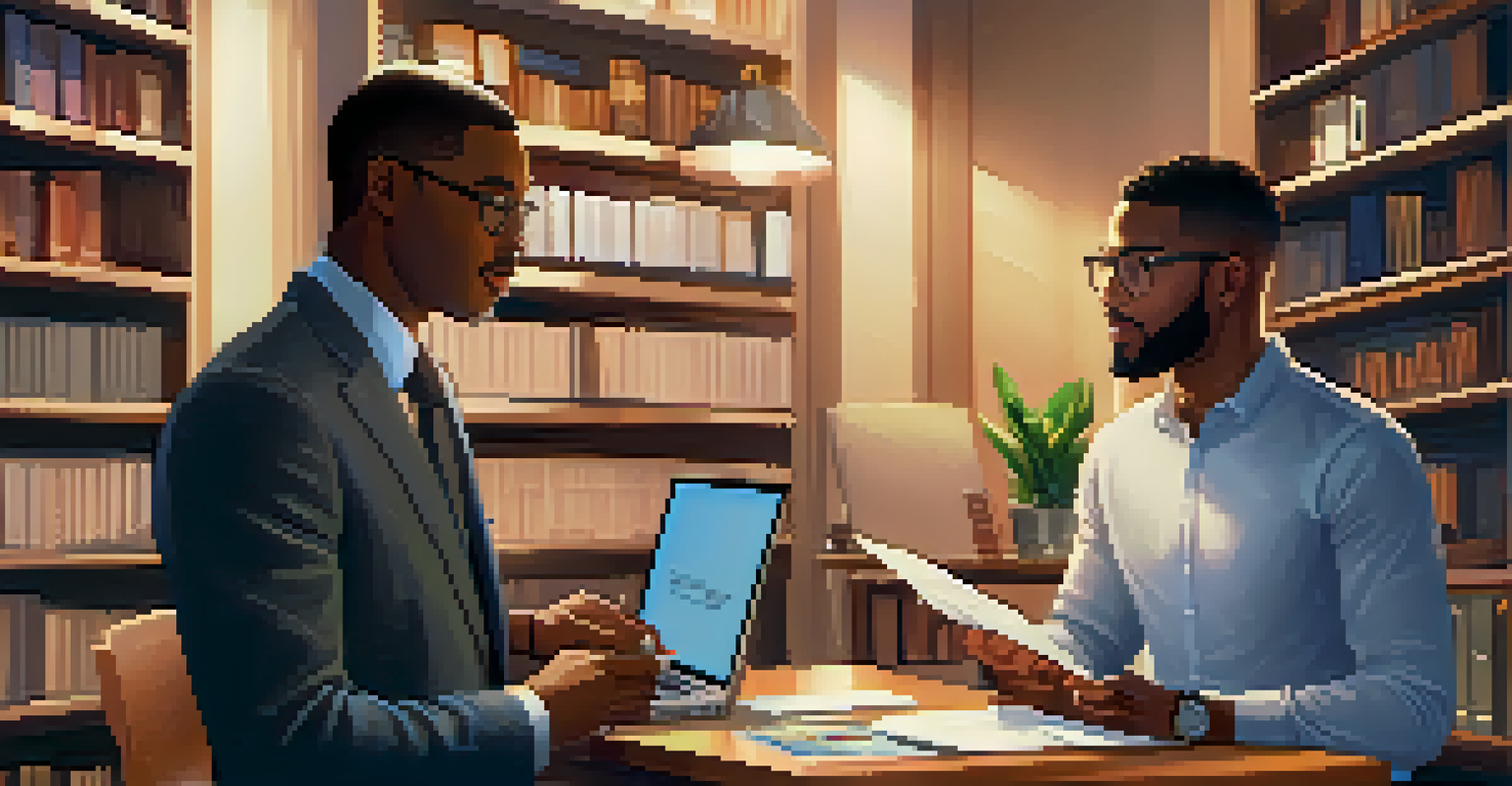 A mentor and a young professional discussing a resume in an office, with warm lighting and bookshelves in the background.