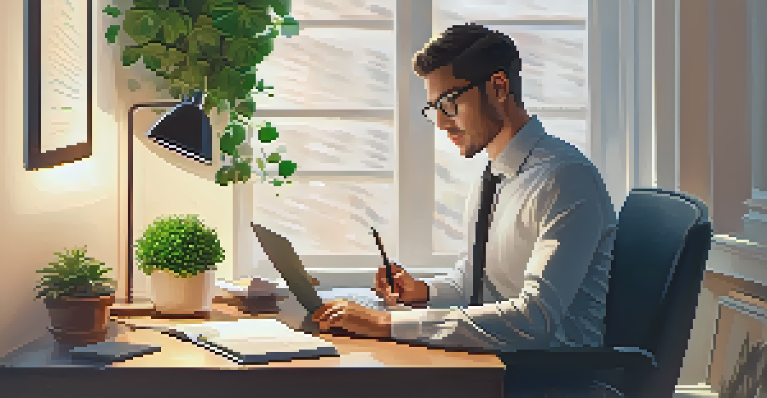 A person updating their resume at a desk with motivational quotes in the background.