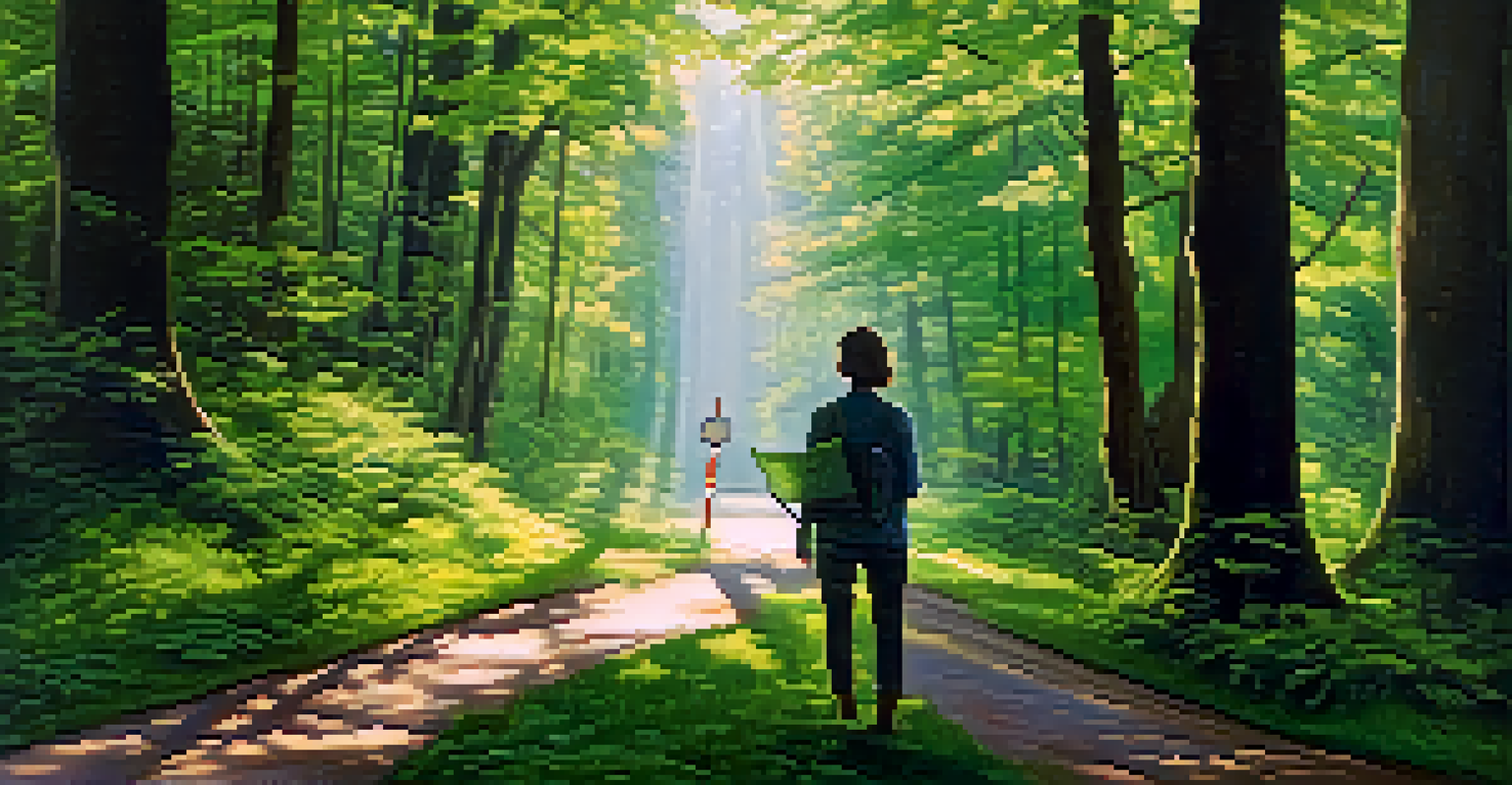 A person at a crossroads in a forest, contemplating two different paths with a map in hand.