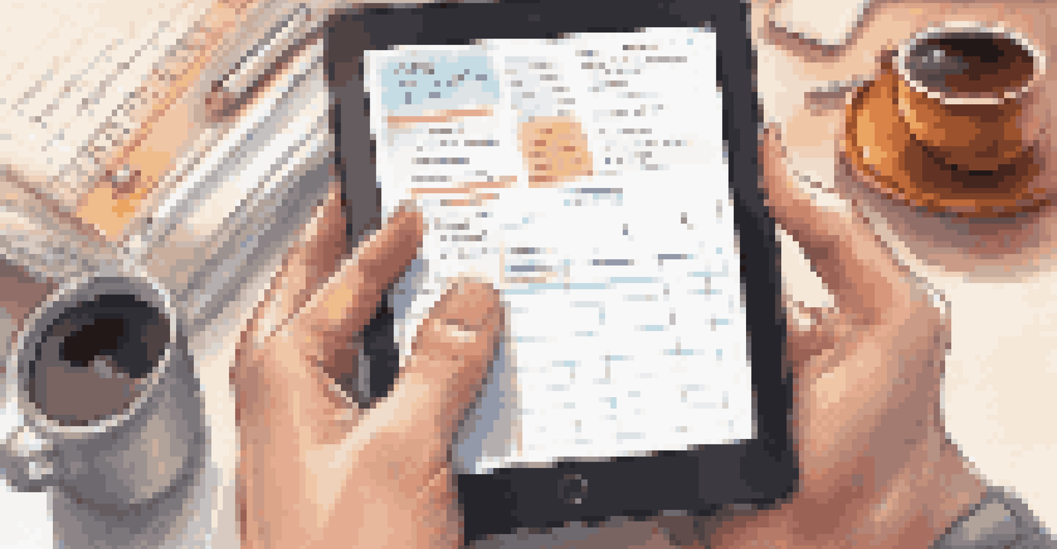 A close-up of a hand using a tablet to manage tasks, with a cozy workspace in the background.