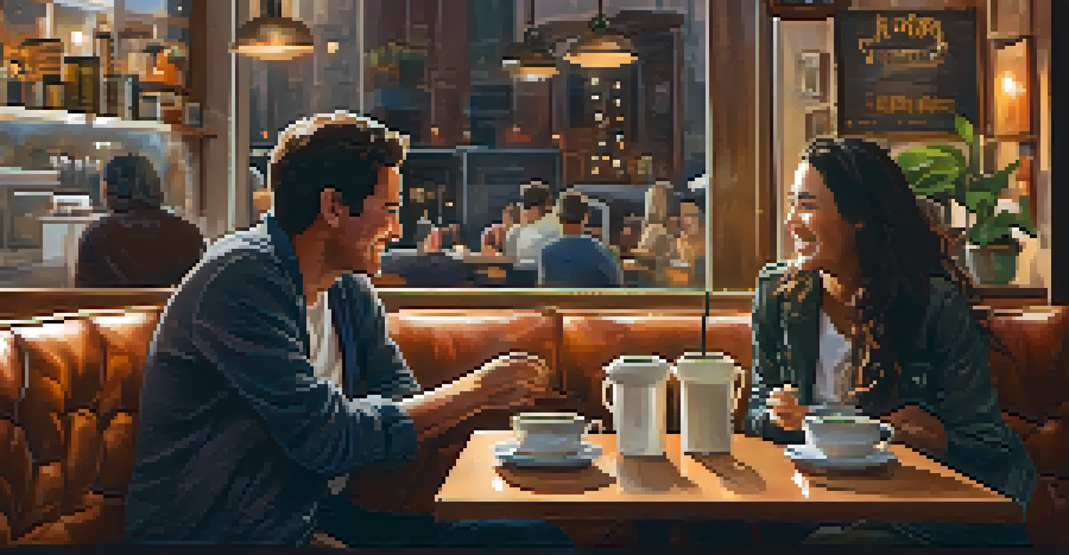 Two individuals in a cozy coffee shop, laughing and engaging in conversation over coffee, with warm lighting and inviting decor.