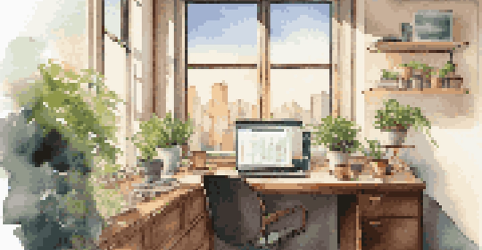 A bright and inviting office space with a view of the city, featuring a wooden desk with a laptop and coffee.
