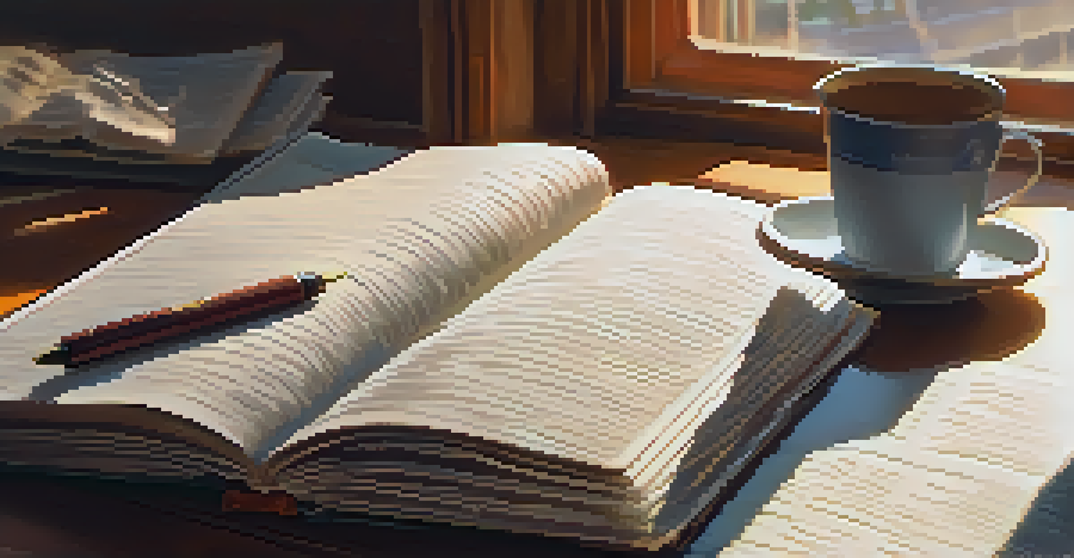 A close-up view of a person writing in a journal, with a pen and a warm cup of coffee, illuminated by soft morning light.