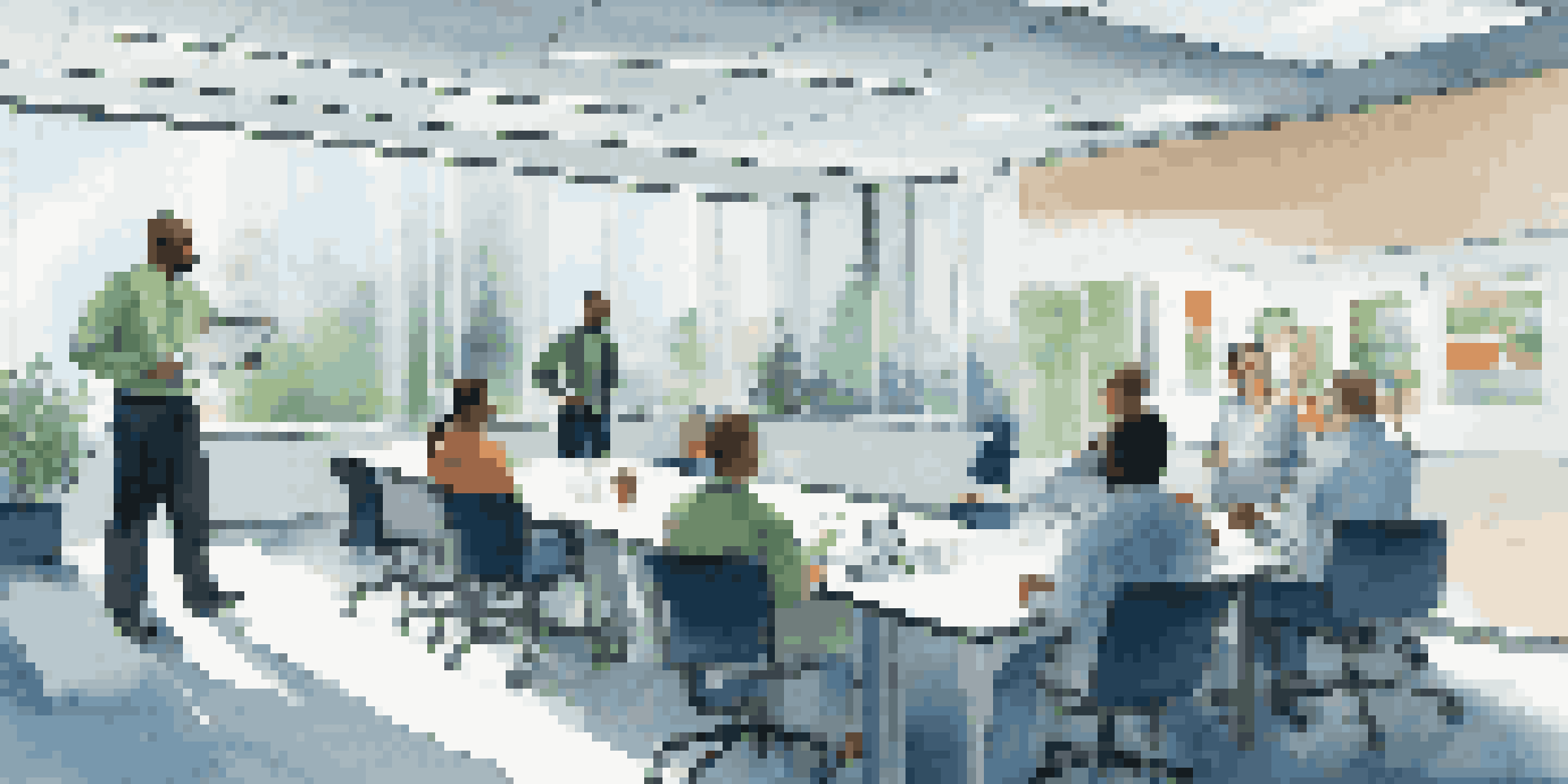 A diverse group of employees attending a safety training session in a bright office space with a leader presenting safety protocols.