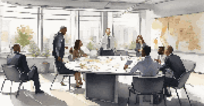 A group of diverse professionals participating in a role-playing exercise in an office, showcasing collaboration and communication.